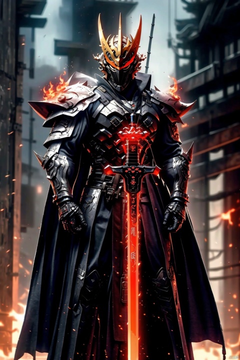  solo, 1boy, holding, weapon, male focus, sword, cape, holding weapon, armor, holding sword, helmet, fire, shoulder armor, gauntlets, pauldrons, breastplate, thumbs up, knight,fullarmor,embers,怪物, FanSe, cyberpunk, leihua, ((poakl)), jiangchen