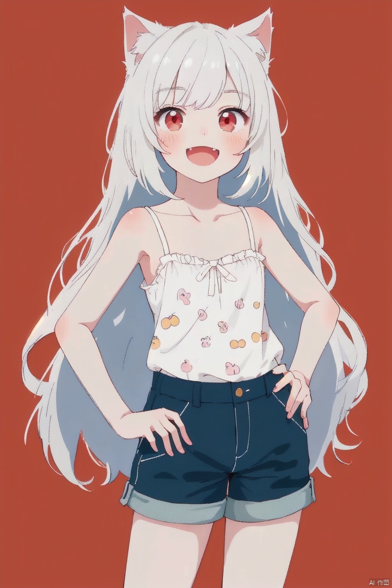  ultra-detailed,(best quality),((masterpiece)),(highres),original,extremely detailed 8K wallpaper,(an extremely delicate and beautiful), anime, \\, BREAK 1girl, long hair, white hair, virtual youtuber, open mouth, cat ears, fang, smile, blush, camisole, shorts, solo, bangs, very long hair, shirt, looking at viewer, :d, skin fang, ribbon, red eyes, simple background, ((young teenage girl)), ((petite)), dino, ears down, ((poakl)), Detail, shuixia