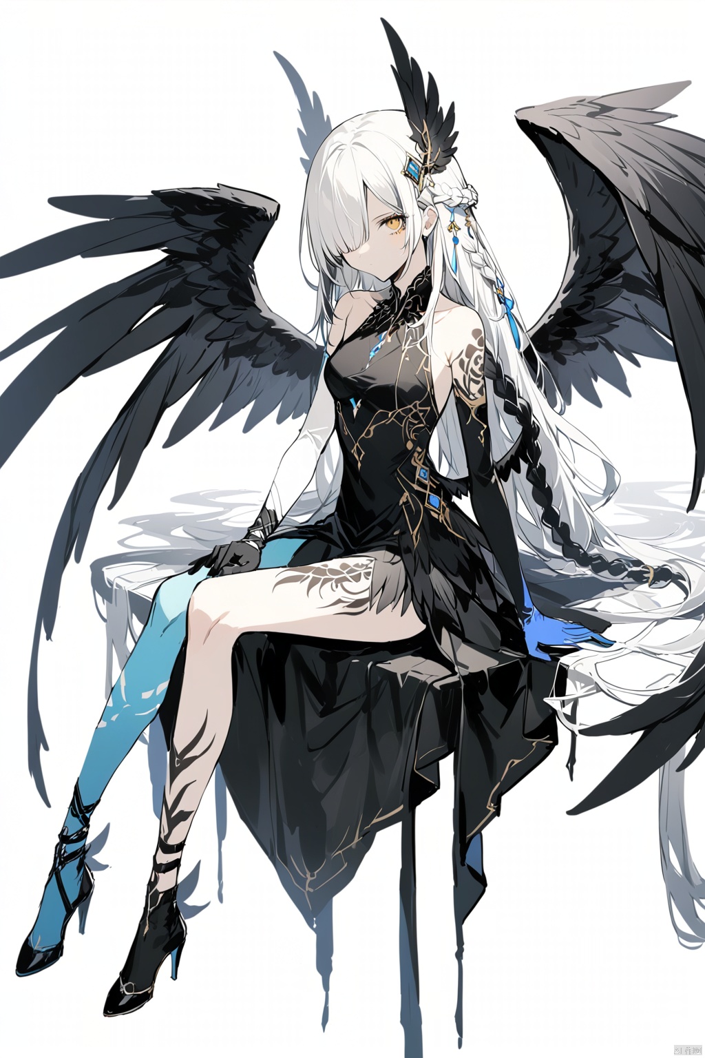  1girl, solo, breasts, looking at viewer, very long hair, bangs, simple background, hair ornament, yellow eyes, gloves, white background, dress, bare shoulders, jewelry, standing, full body, white hair, braid, multicolored hair, small breasts, wings, sleeveless, black gloves, elbow gloves, black footwear, hair over one eye, black dress, high heels, tattoo, feathered wings, single glove, black wings, blue gloves, low wings, asymmetrical clothes, asymmetrical gloves, single elbow glove, leg tattoo, single sleeve, mismatched gloves, uneven gloves,(sitting), gzly