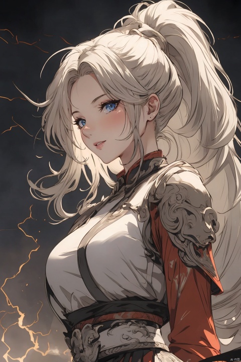  solo,highly detailed,(best quality),((masterpiece)),1girl,white hair,simple_background,long hair,(big_breasts),peiyuhan,(evil smile),upper_body,taunting,(evil),(arms behind back),evil laugh,nsfw, miaoying,ponytail,,((white eyes)),lightning background,from below, chinese armor, midjourney portrait