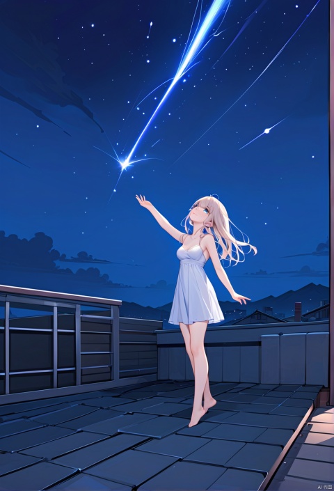  (masterpiece),(bestquality),Rooftop,night,Looking up at the sky,(meteor),1girl, LiuYing,full body,crying with eyes open,smile,medium breasts,