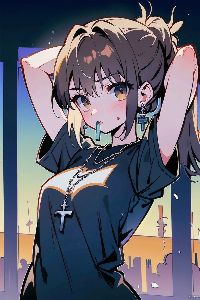  (best quality), ((masterpiece)), (highres), illustration, original, extremely detailed,1girl, solo, jewelry, shirt, necklace, brown hair, black shirt, earrings, hair tie in mouth, mouth hold, tying hair, long hair, short sleeves, mole, arms up, upper body, cross, hair tie, brown eyes, lips, w_(arknights),solo, ((poakl)), miyamizu_mitsuha, artoria pendragon \(fate\)