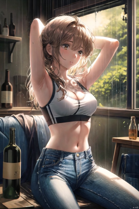  1girl, solo, long hair, breasts, black hair, navel, cleavage, brown eyes, medium breasts, sitting, midriff, pants, indoors, armpits, bra, blurry, arms up, lips, bottle, denim, arms behind head, jeans, sports bra, realistic,(rainning:1.3), , ((poakl)), kero