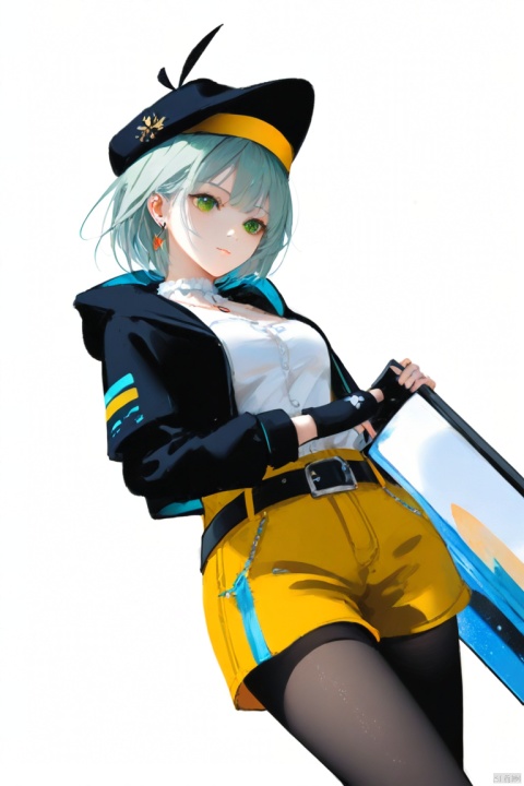 Masterpiece, Best Quality, High Quality (Colored), [Artist miwano rag], [Artist Chen Bin], [Artist wlop: 1], Artist kisargi yaya, 1Girl, solo, Green eyes, white background, hat, shorts, earrings, looking at the audience, simple background, jewelry, short hair, holding, black headwear, pantyhose, black shorts, shirt, gray green hair, white shirt, closed mouth, long sleeves, jacket, belt, gloves, looking from below, chest, black gloves, crossed earrings, fingerless gloves, shorts, black hooded shirt, pointed hat, tomorrow's ark, indifferent face, Kal'tsit,Animal ears