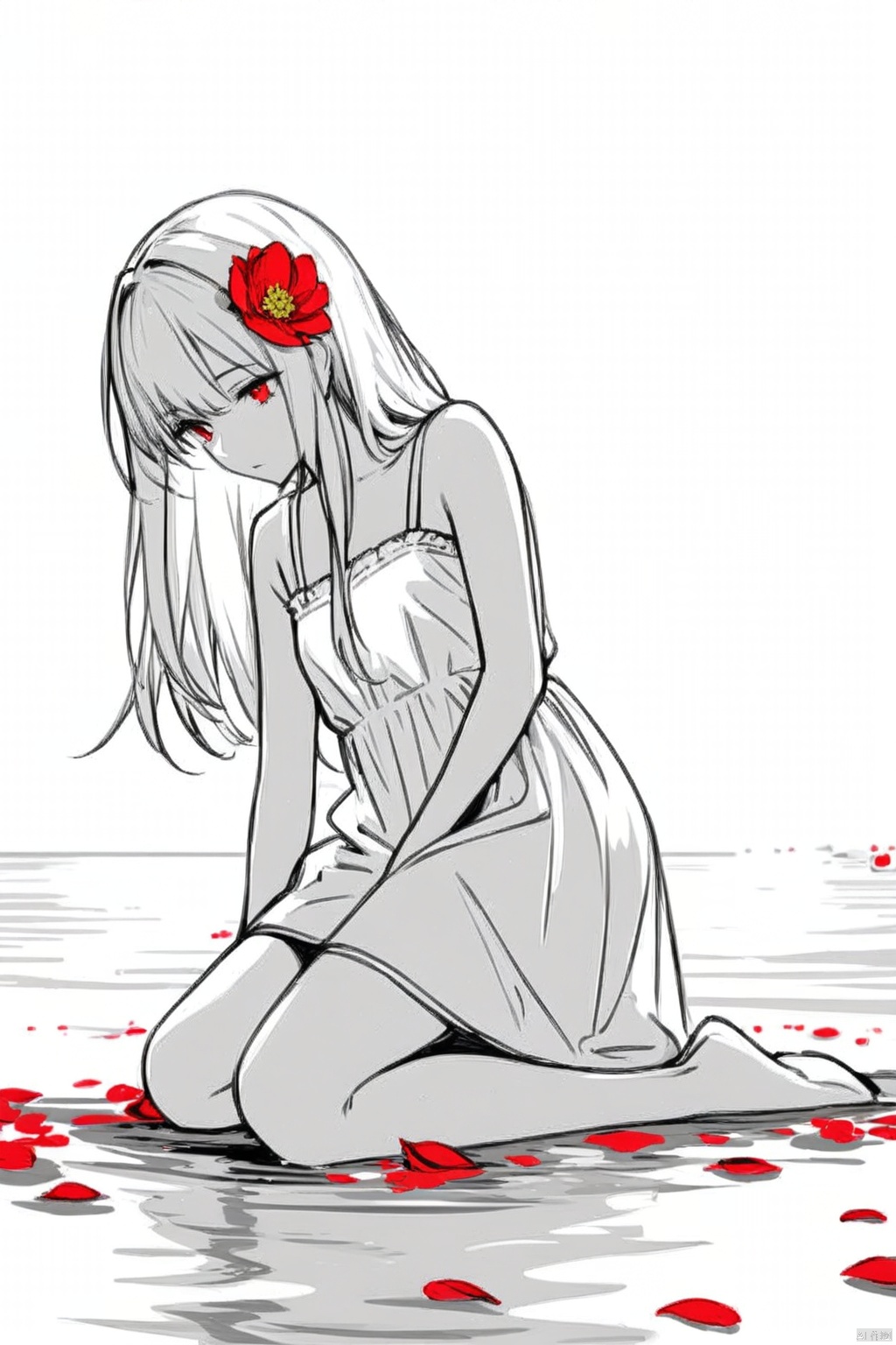  (masterpiece),(best quality),illustration,ultra detailed,hdr,Depth of field,(colorful),1girl,red eyes,white long translucent night gown,expressionless,(white hair),hair cover one eye,long hair,red hair flower,kneeling on lake,blood,(plenty of red petals:1.35),(white background:1.5),(English text),greyscale,monochrome,greyscale,monochrome,sketch, Kal'tsit