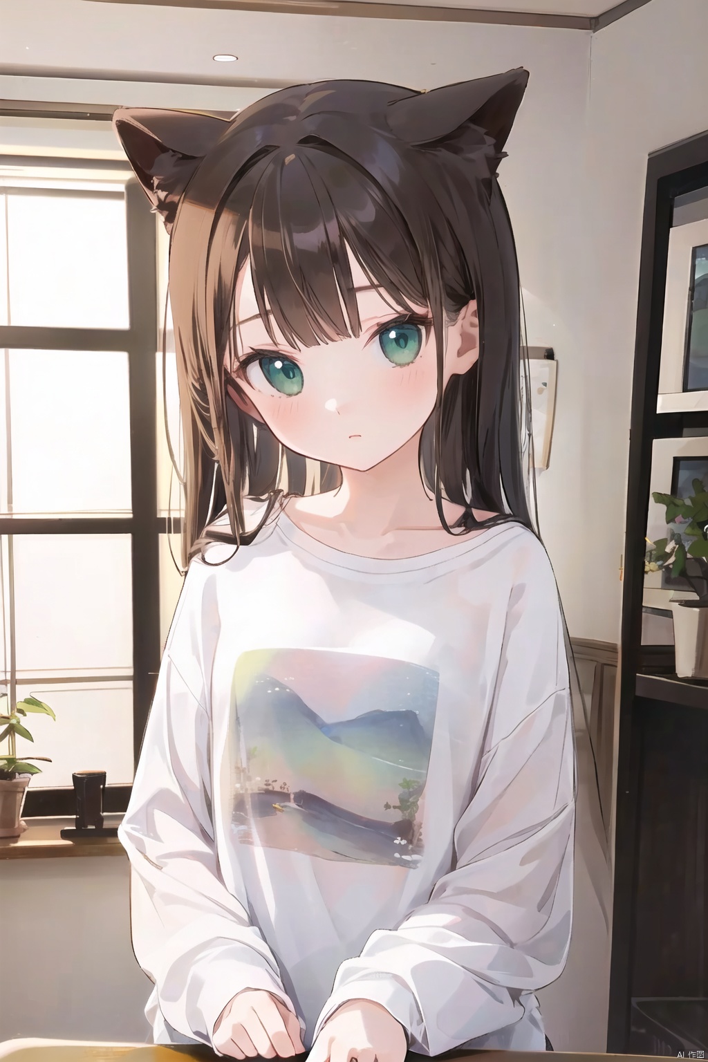  1girl,oyama_mahiro,loli, shirt, green eyes, ((poakl)), gotou hitori, soft