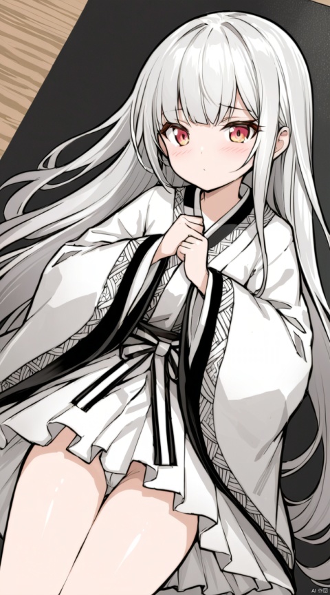  (best quality), ((masterpiece)), (highres), illustration, original, extremely detailed, solo, 1girl, long hair, traditional media, spot color, monochrome, white hair, wide sleeves, gzly, loli