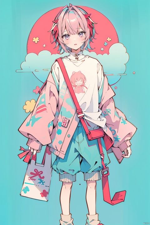  Boys, decorated with colorful clouds, a boy, ((boy)), solo, pink hair, short hair, lovely bangs, blue messenger bag, colorful candy decoration, white socks, blue leather shoes, happy, sweet and lovely style, bright colors, light blue background, candy decoration, dessert decoration, lovely cartoon, w_(arknights)
