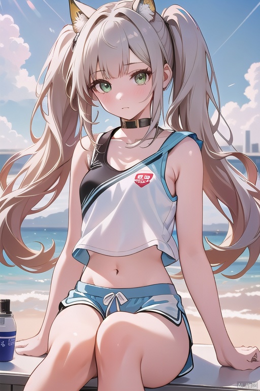  1girl,solo,shorts,socks,long hair,sky,outdoors,shoes,brown hair,white footwear,day,cloud,midriff,shirt,sportswear,blue sky,blue shorts,crop top,white shirt,navel,short shorts,kneehighs,building,brown eyes,**** top,sleeveless shirt,looking at viewer,bangs,sleeveless, twintails,blurry background,collarbone,realistic,clothes writing,bare shoulders,dolphin shorts,, (raw photo:1.2),((photorealistic:1.4))best quality,masterpiece,illustration,an extremely delicate and beautiful,extremely detailed,CG,unity,8k wallpaper,Amazing,finely detail,masterpiece,best quality,official art,extremely detailed CG unity 8k wallpaper,absurdres,incredibly absurdres,huge filesize,ultra-detailed,highres,extremely detailed,beautiful detailed girl,cinematic lighting,1girl,pale skin,tall female,(perfect body shape),skinny body,Slender legs,, pale skin,tall man,long legs,thin leg, green eyes