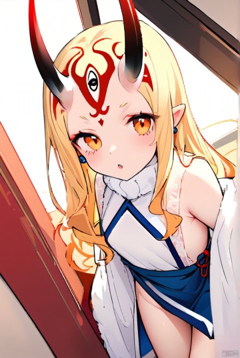  ((ibaraki douji (fate),)),1girl,{solo},thin,slim,{chinese clothes, bow,ribbon},virgin killer sweater,naked suspender,chinese clothes,tabard,{{hanfu}},chinese knot,plastic silk,nightgown,lace-trimmed,long sleeves,shoulder cutout,bow,masterpiece,best quality,amazing quality,very aesthetic,absurdres,white lace trim,{heart-shaped pupils},horns,tattoo,blonde hair