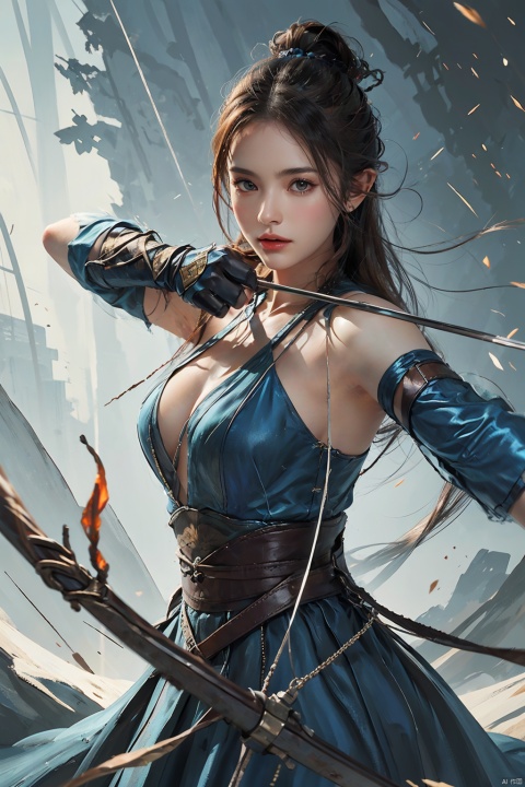 1girl,big breasts,1girl, solo, gloves, dress, long hair, elbow gloves, blue dress, looking at viewer, on the shoulder of the elven huntress is a magnificent falcon, she wields a finely crafted longbow, its string taut with a creak, arrows poised silently within the quiver, awaiting release, rich colors,Gothic style,movie lighting,God Ray,best quality,Ultra HD,depth of field,bigscenes,