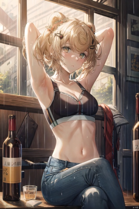  1girl, solo, long hair, breasts, black hair, navel, cleavage, brown eyes, medium breasts, sitting, midriff, pants, indoors, armpits, bra, blurry, arms up, lips, bottle, denim, arms behind head, jeans, sports bra, realistic,(rainning:1.3), , green eyes, ((poakl)), zcshinkai\(\style\), gummy_(arknights)
