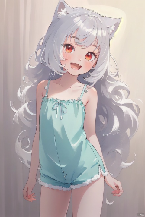  ultra-detailed,(best quality),((masterpiece)),(highres),original,extremely detailed 8K wallpaper,(an extremely delicate and beautiful), anime, \\, BREAK 1girl, long hair, white hair, virtual youtuber, open mouth, cat ears, fang, smile, blush, camisole, shorts, solo, bangs, very long hair, shirt, looking at viewer, :d, skin fang, ribbon, red eyes, simple background, ((young teenage girl)), ((petite)), dino, ears down, ((poakl)), Detail, shuixia, origen, shead, qzfuling, nayutaren, fl, ONOFFCONCEPT