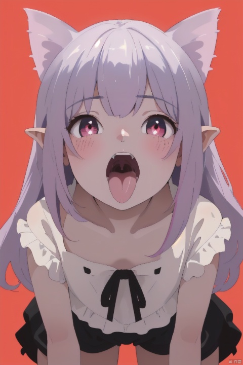  ultra-detailed,(best quality),((masterpiece)),(highres),original,extremely detailed 8K wallpaper,(an extremely delicate and beautiful), anime, \\, BREAK 1girl, long hair, white hair, virtual youtuber, open mouth, cat ears, fang, smile, blush, camisole, shorts, solo, bangs, very long hair, shirt, looking at viewer, :d, skin fang, ribbon, red eyes, simple background, ((young teenage girl)), ((petite)), dino, ears down, ((poakl)), Detail, shuixia, origen, shead, qzfuling, nayutaren, fl, ph_katou, Open mouth