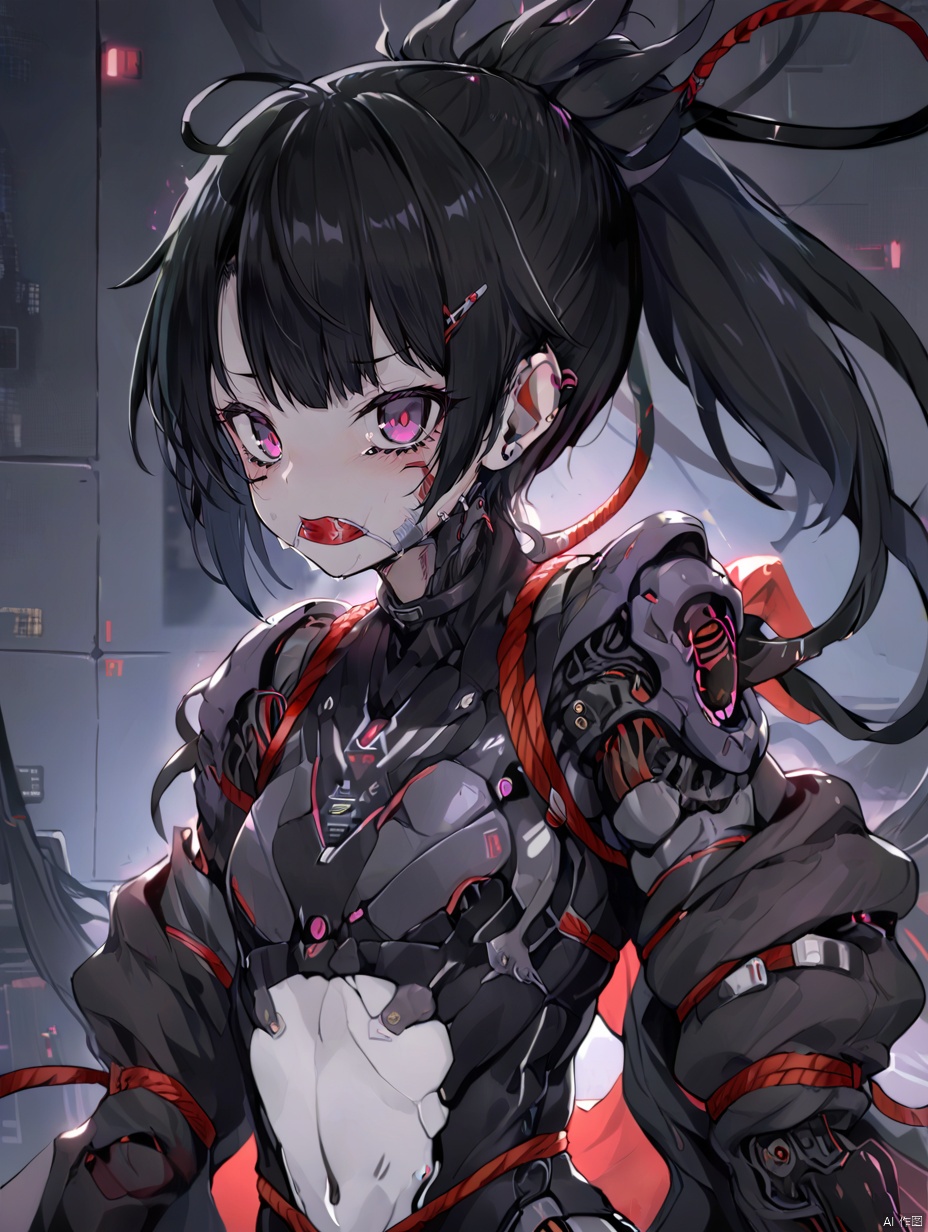  gzly,1girl,solo,cyberpunk,ponytail,looking at viewer,black hair,science fiction,upper body,joints,masterpiece, best quality, Mecha, Illustration, circuitboard, loli, Rope bondage and blake tape gag, BRS0, anhei