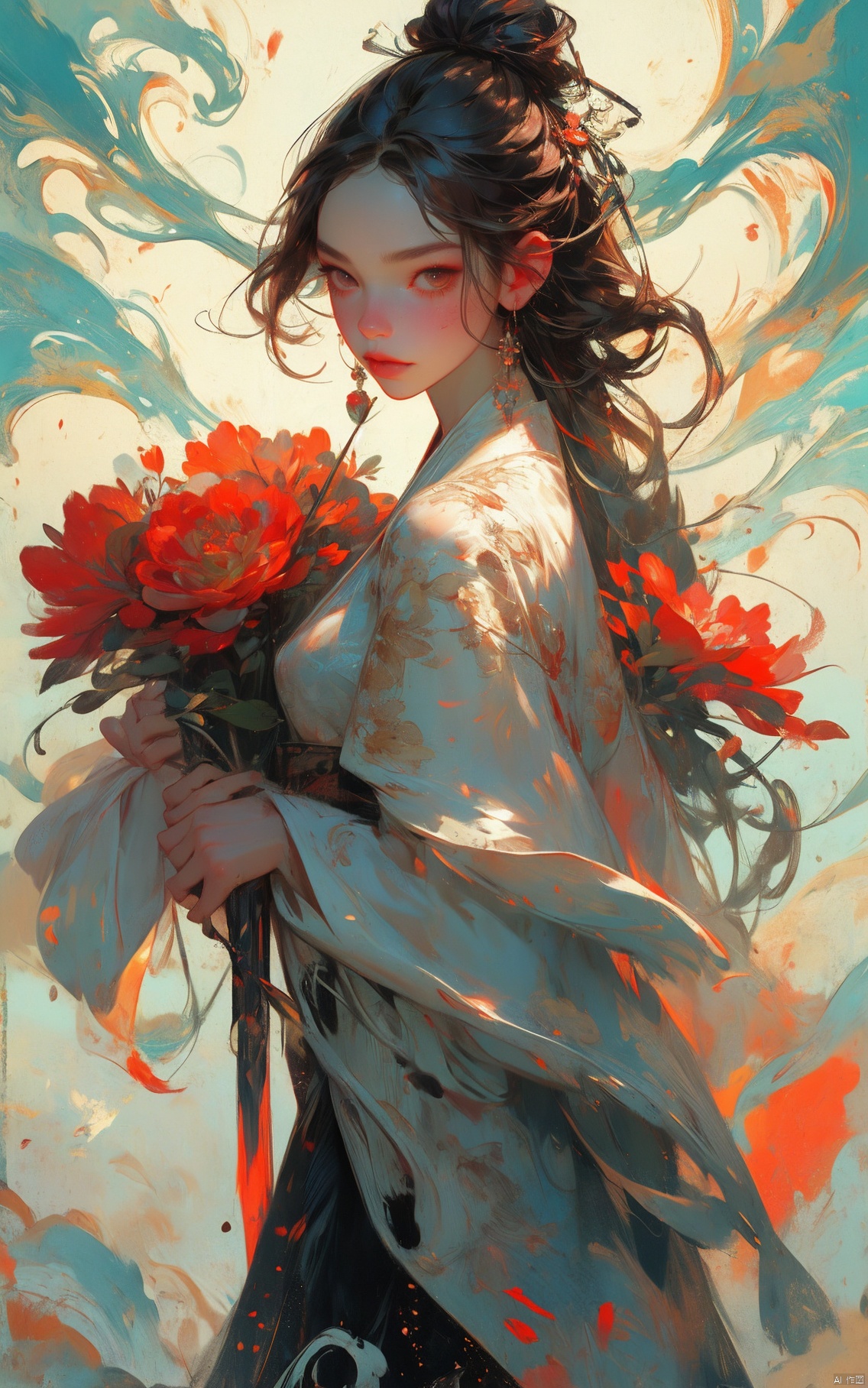  1girl, aqueous media, florals, swirles, 1 girl, , , , , FF, vg, chijian