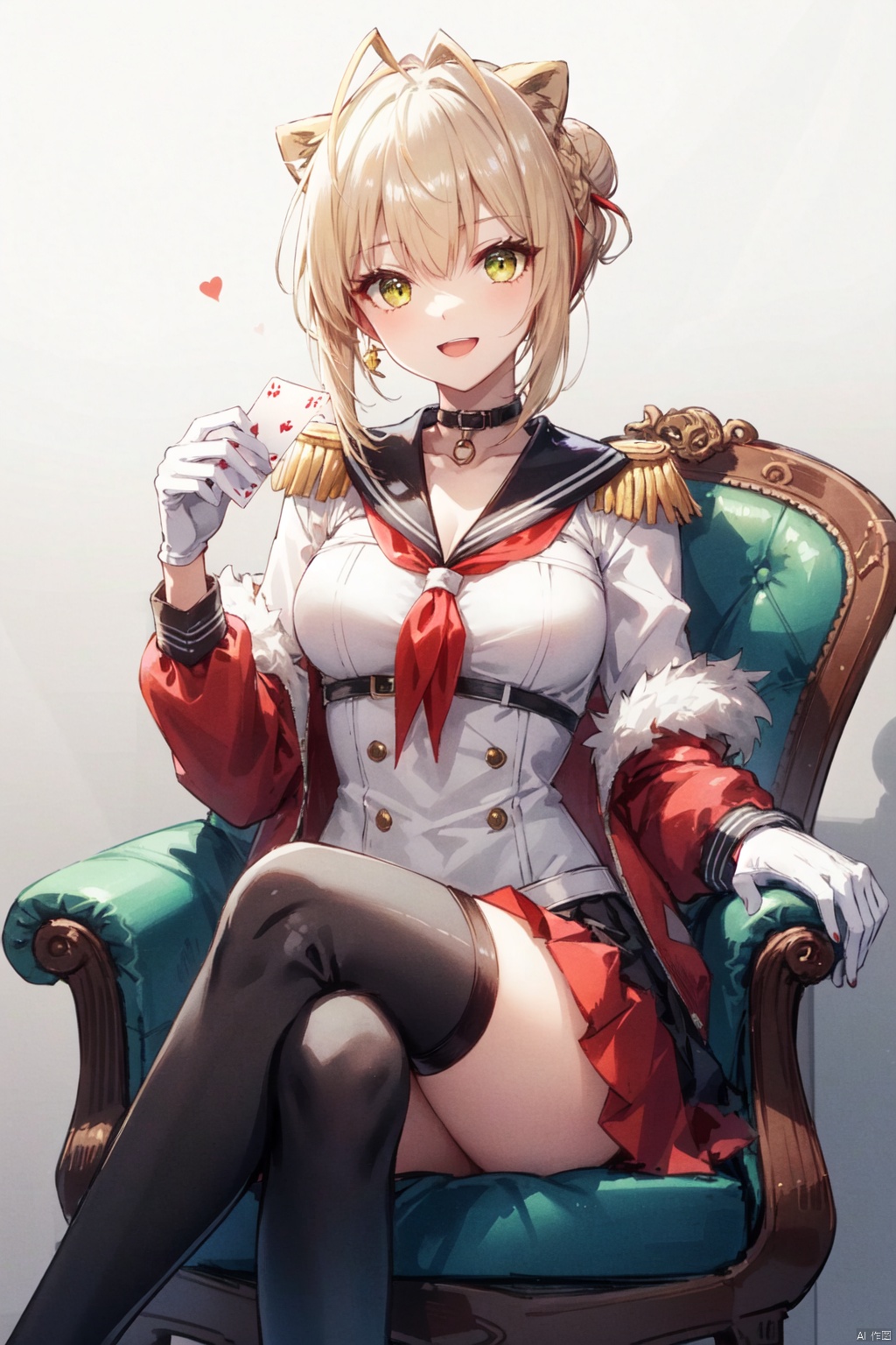  1girl, card, horns, sitting, red eyes, thighhighs, playing card, school uniform, serafuku, skull, chair, neckerchief, holding card, 1girl, lion, nero claudius \(fate\), blonde hair, nero claudius \(fate/extra\), breasts, green eyes, epaulettes, ahoge, dress, looking at viewer, open mouth, braid, cleavage, smile, hair bun, ribbon, long sleeves, bangs, solo, red dress, medium breasts, hair ribbon, french braid, red ribbon, single hair bun, hair intakes, hair between eyeswhite hair, bug, looking at viewer, butterfly, sailor collar, armchair, red neckerchief, bangs, shoes, black serafuku, short hair, fur trim, holding, shirt, skirt, 1boy, white gloves, skeleton, red hair, red nails, gloves, crossed legs, long sleeves, jacket, w_(arknights)