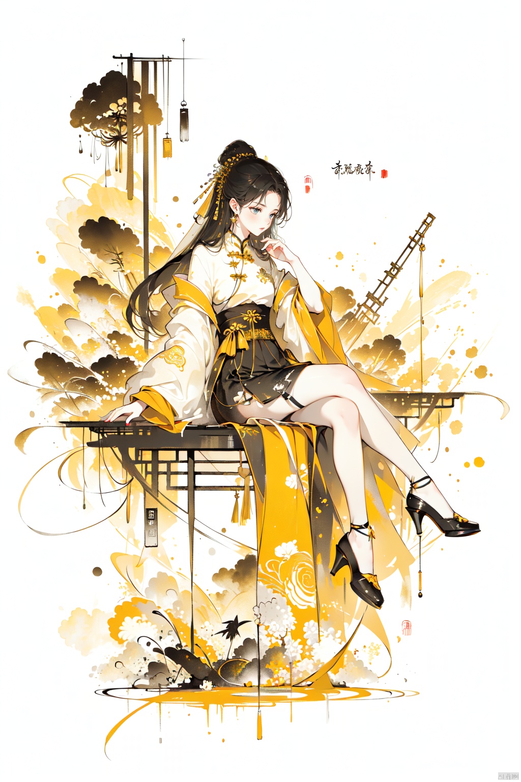  best quality, amazing quality, very aesthetic,1girl, high_heels, long_hair, sketch, monochrome, shoes, skirt, yellow_theme, yellow_background, sitting, solo, guoflinke, Ink scattering_Chinese style,yjmonochrome