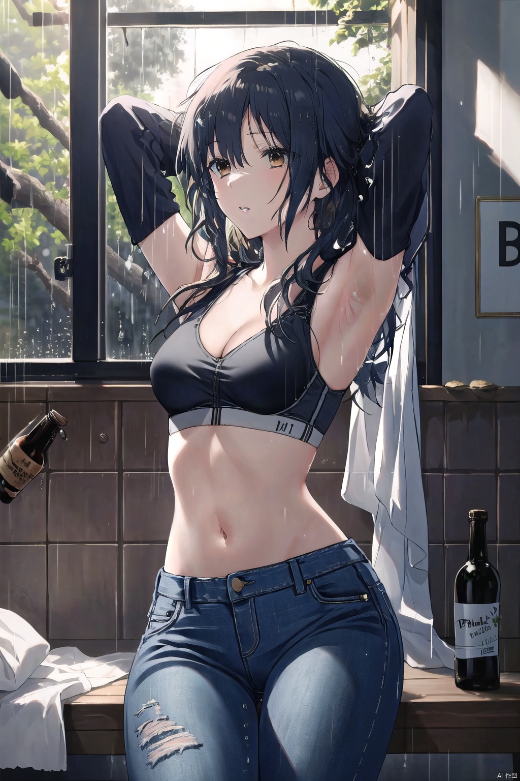  1girl, solo, long hair, breasts, black hair, navel, cleavage, brown eyes, medium breasts, sitting, midriff, pants, indoors, armpits, bra, blurry, arms up, lips, bottle, denim, arms behind head, jeans, sports bra, realistic,(rainning:1.3), ((poakl))