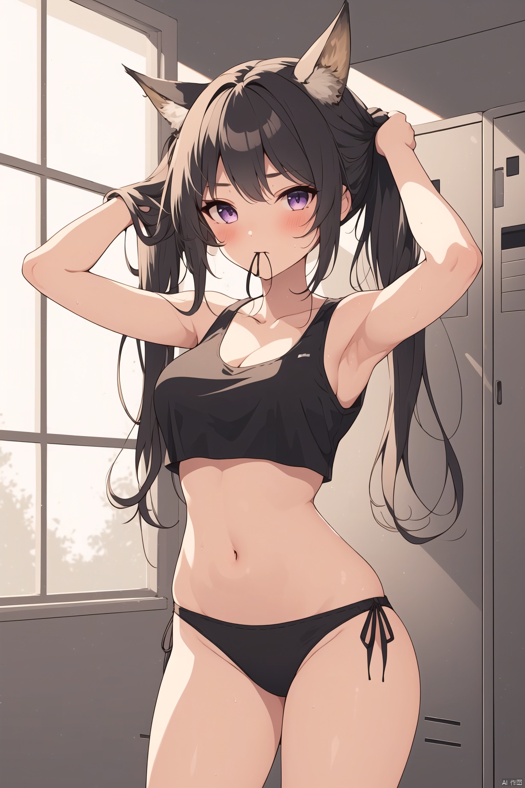  1girl, solo, long hair, breasts, blush, bangs, shirt, black hair, navel, bare shoulders, twintails, medium breasts, standing, purple eyes, thighs, cowboy shot, sleeveless, midriff, indoors, armpits, stomach, arms up, crop top, bare arms, window, sleeveless shirt, mouth hold, arms behind head, buruma, tying hair, locker, hair tie in mouth, sports bikini, green eyes