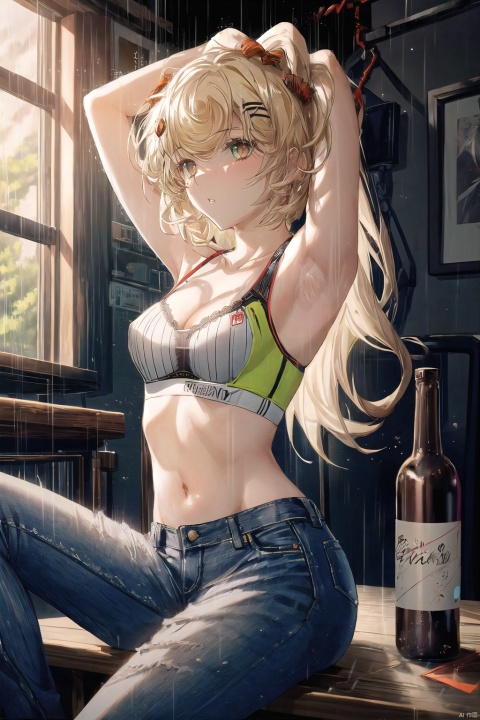  1girl, solo, long hair, breasts, black hair, navel, cleavage, brown eyes, medium breasts, sitting, midriff, pants, indoors, armpits, bra, blurry, arms up, lips, bottle, denim, arms behind head, jeans, sports bra, realistic,(rainning:1.3), , green eyes, ((poakl)), zcshinkai\(\style\), gummy_(arknights)