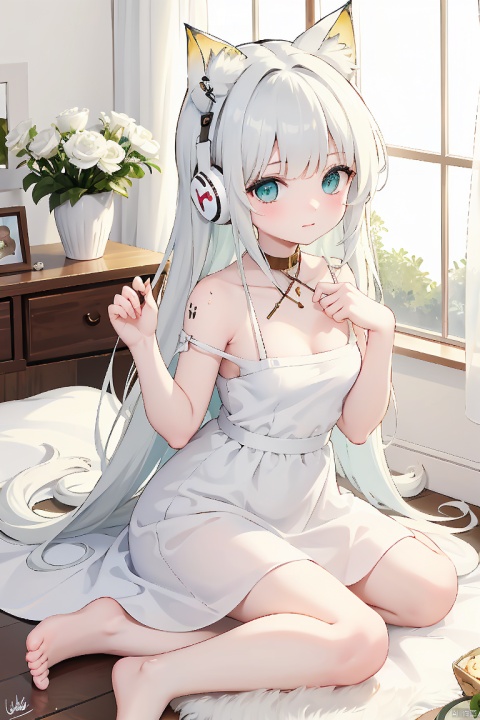  QB,chibi,1girl, white cat, cat, colored eyelashes, animal ears, strap slip, long hair, blue eyes, white dress, dress, sleeveless dress, barefoot, very long hair, bandages, headphones, sitting, bandaged arm, animal ear fluff, cat ears, no panties, looking at viewer, white hair, solo, sleeveless, artist name, bare shoulders, feet, tail, finger to mouth, toes, bangs, animal, cat tail, cat girl, shushing, collarbone, small breasts, bandaged hand, index finger raised, signature, breasts, white hell, soft, green eyes