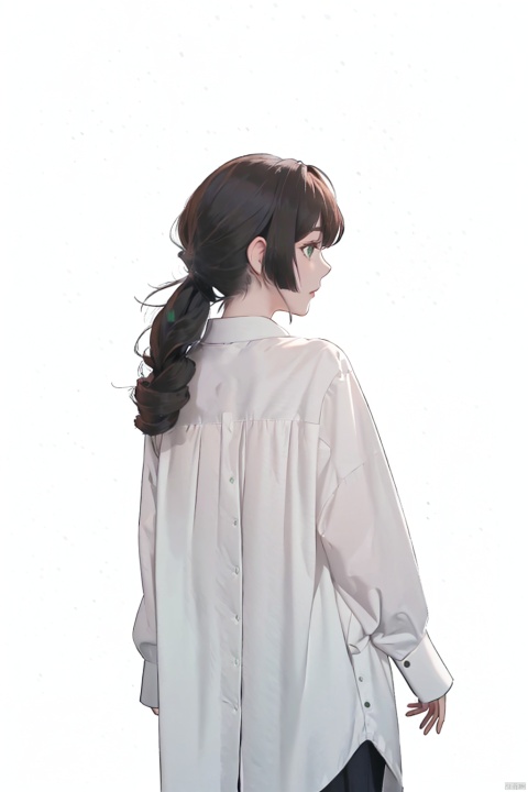 1 girl, focused, solo, looking back, looking from behind, half fallen clothes, shirt, white background, white shirt, looking at the audience, green eyes, boyfriend, comfortable anime, perspective wet T-shirt, soft, hair tied, hair tied, perfect fingers, ((poakl))