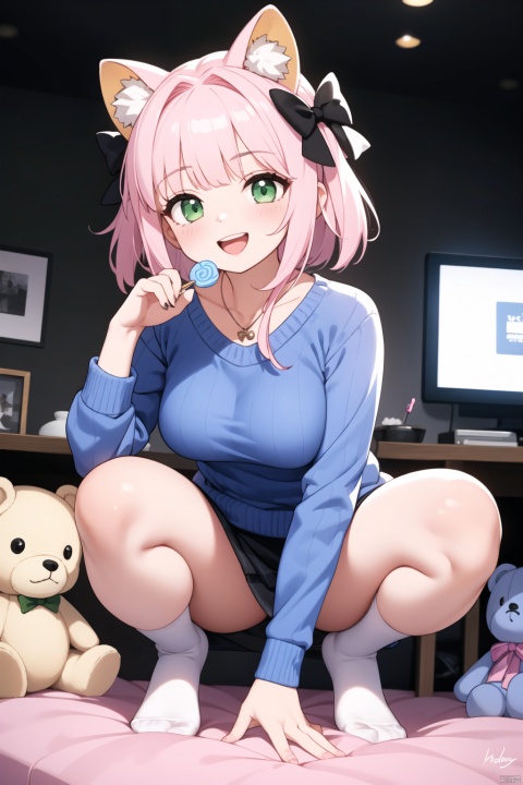  A high-resolution, photorealistic masterpiece featuring a solo girl in a squatting position, wearing a blue sweater with long sleeves and a beret. She has purple eyes and pink hair styled in two side up, with hair bows and a heart-shaped lollipop hair ornament. The scene is illuminated with studio lighting, showcasing ultra-detailed and realistic features. The girl is holding a heart-shaped lollipop and a stuffed teddy bear, with her feet out of frame. Her expression is joyful, with a smile and an open mouth. The background is white, emphasizing the girl's colorful attire and accessories., green eyes