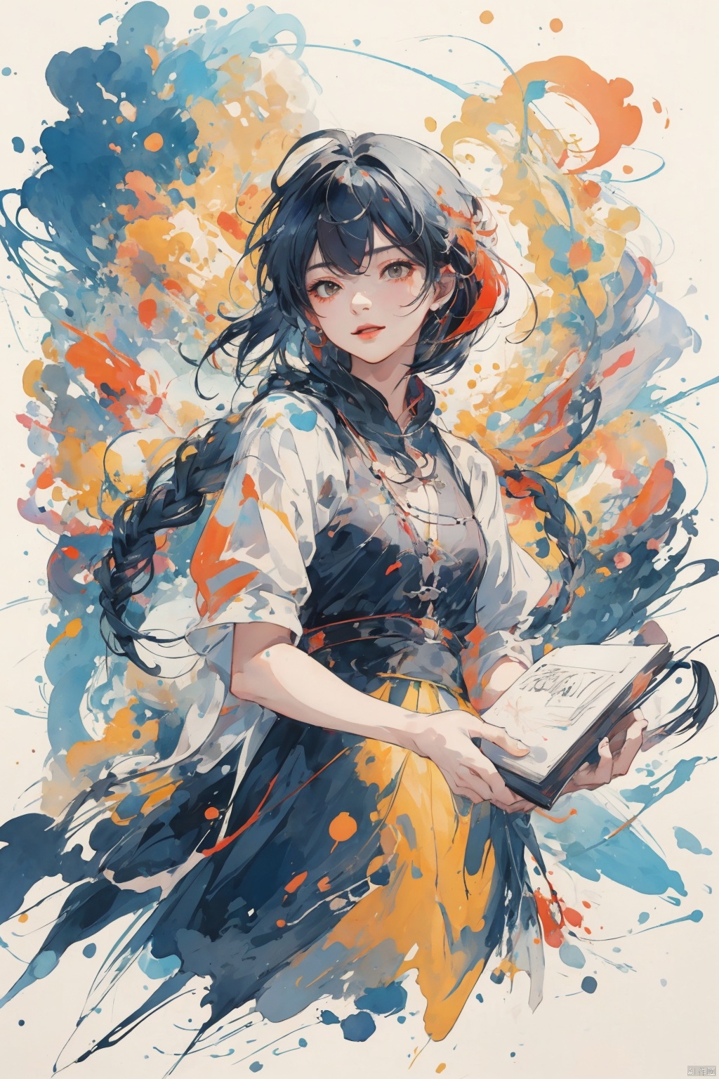  llustration style,dream ,A Sunshine Laughs girl with black hair and black eyes,enlarge Holding a magic and book wand in hand,rainbow Long dress ,Black Braid Fried Dough Twists Braid,8k, clear details, rich picture, nature background, flat color, vector illustration, watercolor, Chinese style, cute girl, Laughs Girl, TT, (/qingning/), (\MBTI\), (\lang lang\), babata, (\shen ming shao nv\), jiqing,wings, ((poakl)), （\personality\）, myinv, w_(arknights)