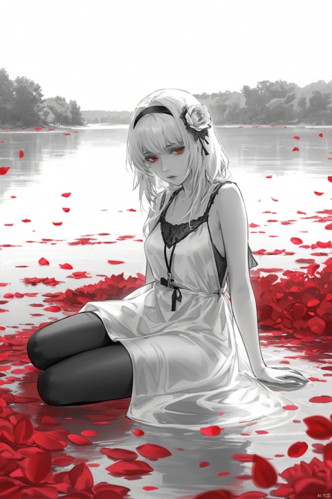  (masterpiece),(best quality),illustration,ultra detailed,hdr,Depth of field,(colorful),1girl,red eyes,white long translucent night gown,expressionless,(white hair),hair cover one eye,long hair,red hair flower,kneeling on lake,blood,(plenty of red petals:1.35),(white background:1.5),(English text),greyscale,monochrome,greyscale,monochrome,sketch, Kal'tsit, white hell, Migunov, gummy_(arknights),monoclor,lineart, qzhsws, texas_the_omertosa_(arknights), yyy, texas \(arknights\)