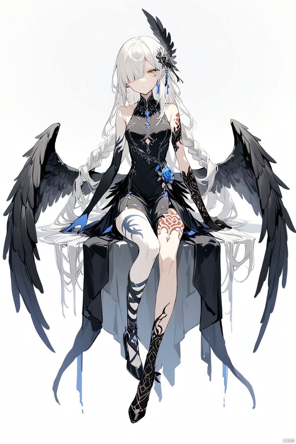  1girl, solo, breasts, looking at viewer, very long hair, bangs, simple background, hair ornament, yellow eyes, gloves, white background, dress, bare shoulders, jewelry, standing, full body, white hair, braid, multicolored hair, small breasts, wings, sleeveless, black gloves, elbow gloves, black footwear, hair over one eye, black dress, high heels, tattoo, feathered wings, single glove, black wings, blue gloves, low wings, asymmetrical clothes, asymmetrical gloves, single elbow glove, leg tattoo, single sleeve, mismatched gloves, uneven gloves,(sitting), gzly