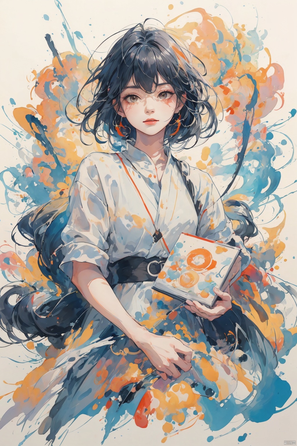  llustration style,dream ,A Sunshine Laughs girl with black hair and black eyes,enlarge Holding a magic and book wand in hand,rainbow Long dress ,Black Braid Fried Dough Twists Braid,8k, clear details, rich picture, nature background, flat color, vector illustration, watercolor, Chinese style, cute girl, Laughs Girl, TT, (/qingning/), (\MBTI\), (\lang lang\), babata, (\shen ming shao nv\), jiqing,wings, ((poakl)), （\personality\）, myinv, w_(arknights)