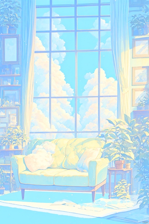  cloud, window, curtains, sky, no humans, plant, scenery, indoors, chair, couch, day, blue sky, book, potted plant, table, pillow, cloudy sky, lamp, painting \(object\), leaf, shelf, picture frame, watercolor \(medium\)