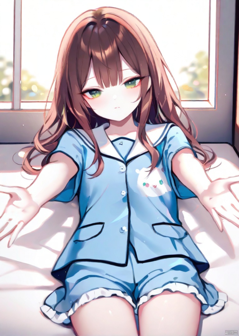  (masterpiece),(best quality),illustration,ultra detailed,hdr,Depth of field,(colorful),[iumu],[Sheya],[Artist chen bin],transparent background, artist roha, 1girl, brown hair, phone, cellphone, solo, pillow, indoors, smartphone, on bed, green eyes, long hair, shirt, bangs, bed sheet, curtains, short sleeves, shorts, blush, school uniform, serafuku, pajamas, frills, window, bed, closed mouth, sunlight, white shirt, frilled shorts, blue shirt, outstretched arm,lying,day, Kal'tsit