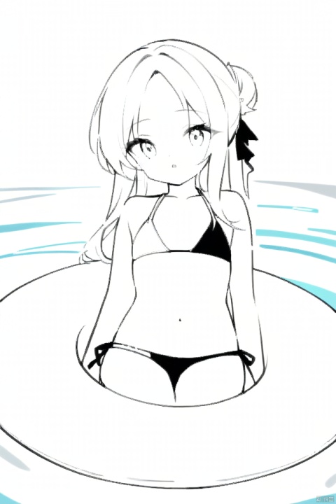  Masterpiece, best quality, high quality, (color), [artist Miwano Lager], [artist Chen Bin], nai3 style, [artist wlop], artist kinty, 1 girl, solo, hair bun, swimsuit, inner tube, bow, black bow, forehead, swimming circle, looking at the audience, long hair, water, navel, hair bow, foot, black bikini, open mouth, barefoot, bare shoulder, wave point, popsicle, powder blusher, sole, toe, chest, pleated bikini, clavicle, side lock, hem, small chest, thigh, wrist hairband, texas \(arknights\), Omertosa, ((poakl)), gotou hitori,pink tracksuit, yyy, high contrast, (greyscale, sora, amiya(arknights)