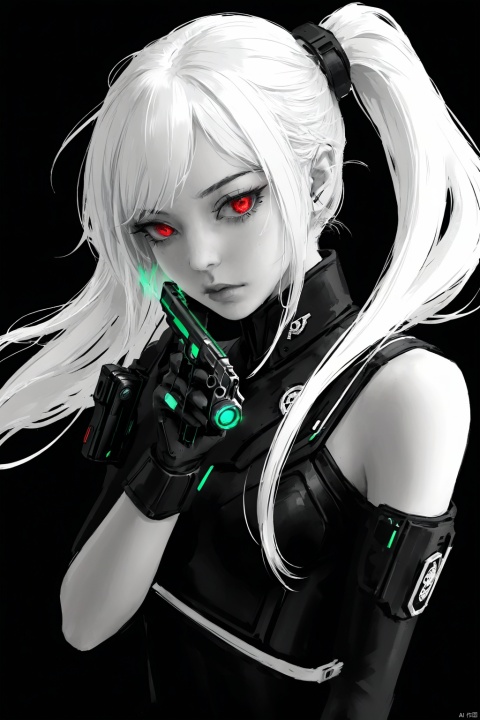  masterpiece, best quality,1girl, solo, floating hair, spot color,bare shoulders, red eyes, eyelashes,two ponytails, facial close-up,secret service,white hair,gun shooting,cool,pistol,Armed, (\shen ming shao nv\), high contrast,A cyberpunk girl,simple background, Lappland, yyy, Kal'tsit