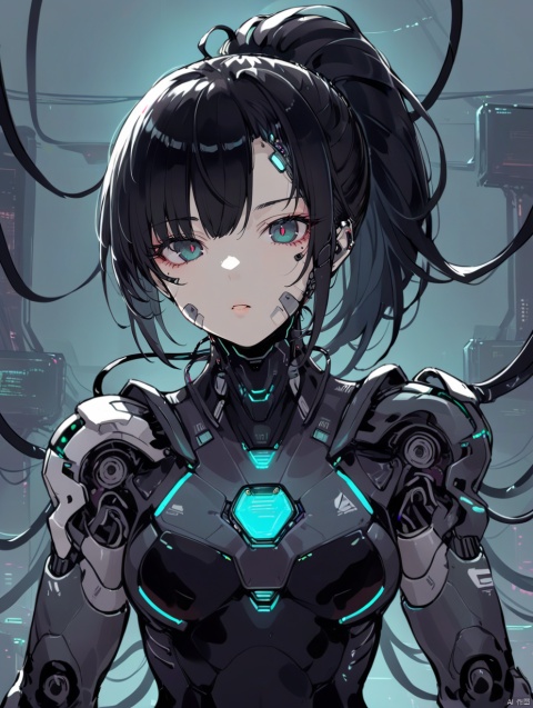  gzly,1girl,solo,cyberpunk,ponytail,looking at viewer,black hair,science fiction,upper body,joints,masterpiece, best quality, Mecha, Illustration, circuitboard