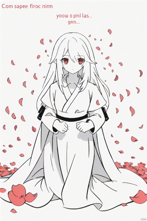  (masterpiece),(best quality),illustration,ultra detailed,hdr,Depth of field,(colorful),1girl,red eyes,white long translucent night gown,expressionless,(white hair),hair cover one eye,long hair,red hair flower,kneeling on lake,blood,(plenty of red petals:1.35),(white background:1.5),(English text),greyscale,monochrome,greyscale,monochrome,sketch, Kal'tsit, white hell, Migunov, gummy_(arknights),monoclor,lineart, phSaber, TUSHAN HONGHONG