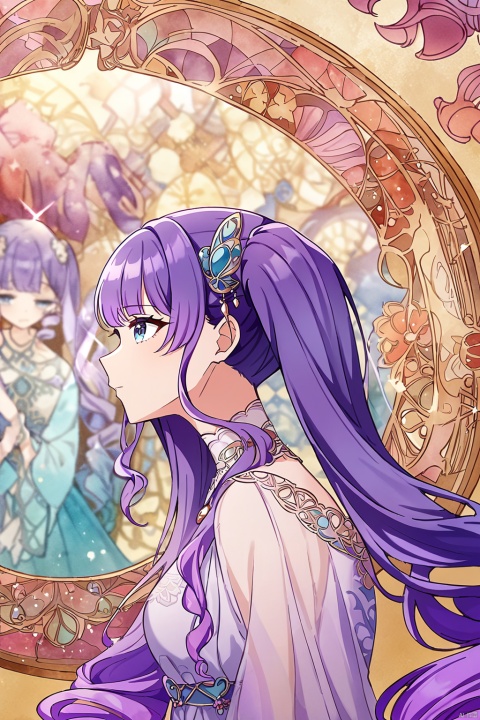very aesthetic,aesthetic,amazing quality,best quality,hight,hight quality,masterpiece,,snclstyl,beautiful detailed eyes,gentle eyes BREAK
,long hair,purple hair,blue eyes,twintails,dress,see-through,hair ornament BREAK
(blurry),(blurry_foreground),(depth_of_field),wallpaper,highres,colorful,Cinematic Lighting,lens flare,looking_away,head_down,upper body,traditional_media,(mucha),(art nouveau),sparkle,starry,pastel color,watercolor,shiny,drill hair, snclstyle,city,