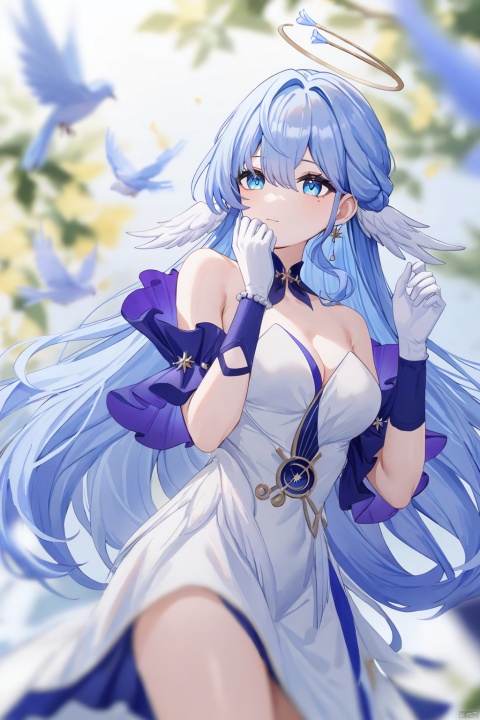 amazing quality,best quality,masterpiece,4k,zgn,1girl,long hair,halo,blue eyes,gloves,white dress,bare shoulders,blue hair,blue footwear, bangs,beautiful color,birds,hands up,blurry foreground,upper body,cowboy shot,from above,.slim skinny,watercolor,