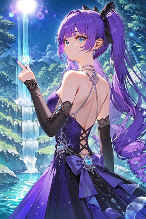 (score_9,score_8_up,score_7_up),style_1,style_2,style_3,style_4, glow,masterpiece,best quality,amazing quality,beautiful detailed,4K,very aesthetic,beautiful color,1girl, twintails, solo, blue eyes, purple hair bow, halter dress, black sleeves, long hair, purple hair,bangs,A stunning 1-girl portrait, shot in a warm, soft focus to emphasize the masterpiece's amazing quality. The beautiful detailed subject wears a flowing halter dress with black sleeves, her twintails cascading down her back like a waterfall of night sky hues. Her purple hair bow shines like a beacon, as she gazes straight into the camera lens with piercing blue eyes. Long strands of purple hair fall across her face, framing it like a work of art. The background is blurred, allowing the viewer's focus to remain on the breathtaking subject, rendered in 4K beauty with vibrant color and textured brushstrokes reminiscent of impasto or watercolor techniques., line art,drill hair,line style