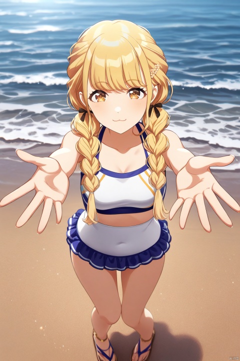 clean color,kotone fujita,kotone one,1girl,((reaching out)),braid,twin braids,long hair,blonde hair,brown eyes,（swimsuit）,detailed face,(upper body) BREAK beautiful color,detailed,best quality,amazing quality,very aesthetic,colorful,masterpiece,look at viewer,best quality,snclstyle,cowboy shot,:3,full body,((chibi)),middle breasts,from above,sea,sky,water,clouds,beautiful water