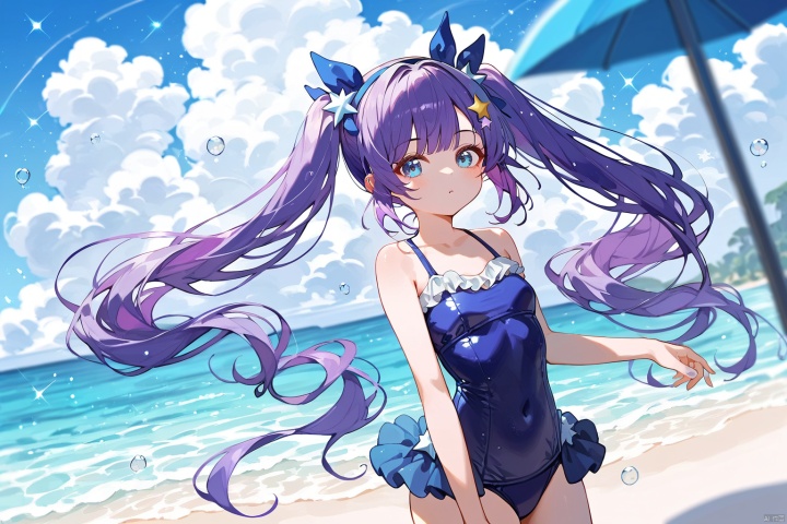 (score_9,score_8_up,score_7_up),style_1,style_2,style_3,style_4,1girl, purple hair, twintails, blue eyes, long hair, star hair ornament, blue one-piece swimsuit, blue hairband, solo, very long hair, small breasts, frilled swimsuit,watercolor,beach,beautiful sky,cloud,blurry foreground,blurry background,floating stars,beautiful water,best detailed,amazing quality,best quality,masterpiece,very aesthetic
