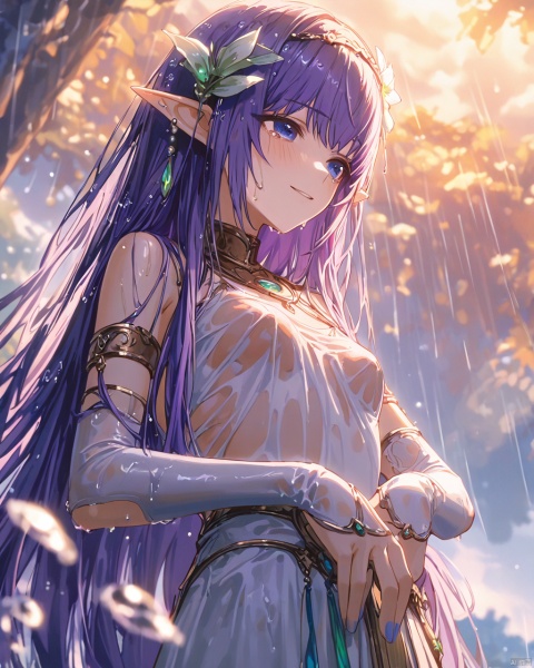 original,(artist:wanke),artist:ciloranko,(artist:ningen_mame),(rainning:1.3),(wlop:0.6),anime,girl,solo,pointy ears,long hair,elf,purple hair,blue eyes,hair flower,small breasts,very long hair,bangs,nail polish,parted lips,white elbow gloves,green gem,pearlhairband,cowboy_shot,Tyndall effect,available light,Volumetric Lighting,rim light,absurdres,colorful,cinematic_angle,depth_of_field,blurry,blurry_foreground,outdoors,smile,(wet clothes),(wet hair),water drop,water on face,gloom,sky,sunlight shines through the clouds,blush,looking down,from below,(closed mouth),crying with eyes open,seductive smile,(blushing ears), snclstyle, glow