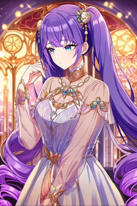 very aesthetic,aesthetic,amazing quality,best quality,hight,hight quality,masterpiece,,snclstyl,beautiful detailed eyes,gentle eyes BREAK
,long hair,purple hair,blue eyes,twintails,dress,see-through,hair ornament BREAK
(blurry),(blurry_foreground),(depth_of_field),wallpaper,highres,colorful,Cinematic Lighting,lens flare,looking_away,head_down,upper body,traditional_media,(art nouveau),sparkle,starry,pastel color,watercolor,shiny,drill hair, snclstyle,city,glow,