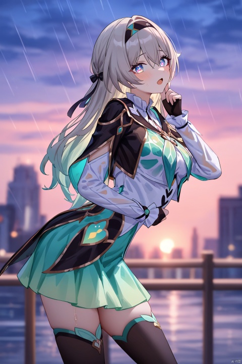 Firefly /(honkai: star rail/), Firefly's def clothes, def clothe, 1girl, black thighhighs, blue eyes, hairband, long hair, black hairband, finger less gloves,skirt,,impasto,masterpiece,best quality,high quality,very aesthetic,upper body,from side,blurry background,colorful,beautiful color,looking at viewer,luminous eyes,gentle eyes,blush,open mouth,heart in eyes,pant,lean forward,watercolor,see-through clothes,wet clothes,raining,twilight,wet hair