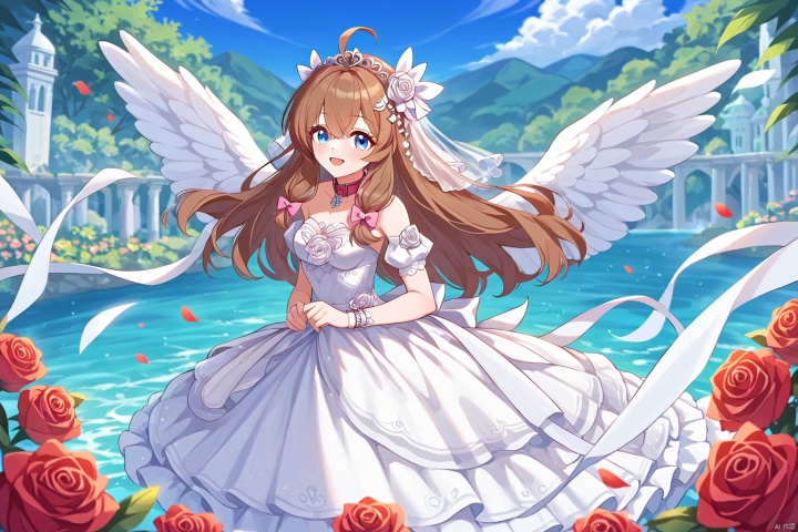 (score_9,score_8_up,score_7_up),style_1,style_2,style_3,style_4,masterpiece,best quality,amazing qualityA serene anime scene unfolds as a beautiful angelic maiden with piercing blue eyes and rose hair ornament stands majestically in her wedding dress, adorned with a pink bow and fake collar. Her long, brown hair flows like a river down her back, while delicate ahoge pieces dance around her face. Soft focus and film grain effect enhance the dreamy atmosphere as she gazes up at the sky, her angel wings subtly spread wide. The background blooms with vibrant flowers, adding to the joyful and happy ambiance of this masterpiece.