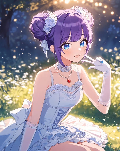 anime,flat color,by agm,by ningen mame ,by ciloranko,by sho (sho lwlw) , 1girl, blue eyes, double bun, hair bun, purple hair, wedding dress, white gloves, sleeveless, nail polish, bangs, blue nails, small breasts, red gem necklace,,sitting, arm support, smile, detailed,amazingquality, snclstyle,BREAK,blurry_background,blurry_foreground,shiny,open_mouth,blush,v over mouth,watercolor,ray tracing,gentle eyes,luminous eyes,grass,flowers,garden,beautiful color,colorful,(Volumetric Lighting,Cinematic Lighting), glow