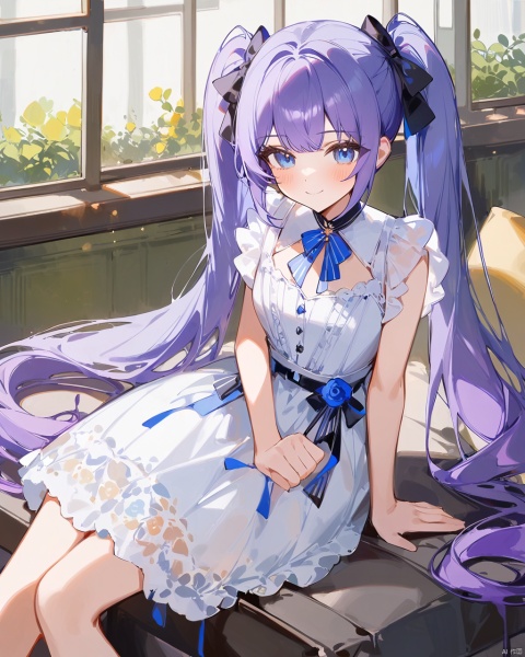 (by ningen mame:0.8) , (by ciloranko:1.1) , (by sho (sho lwlw):1.2) , 1girl,, sitting, arm support, smile, detailed,amazingquality, blue eyes,purple hair,twintails,long hair,dress