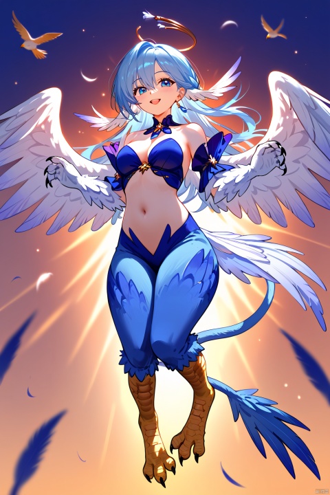 score_9,score_8_up,score_7_up,masterpiece,best quality,high quality,highres,aesthestci,1girl,long hair,halo,blue eyes,gloves,bangs,bare shoulders,blue hair,BREAK,
(Birdwoman), wings,((Harpy)),solo, claws, tail, breasts,feathers,smile,monster girl,full body,navel, gradient,personification,medium breasts,(animal feet),wing hands,teeth,an illustration of a woman in an animal suit,snclstyle, zgn,Volumetric Lighting,Cinematic Lighting,blurry foreground,dreaming,beautiful eyes,luminous eyes,gentle eyes,